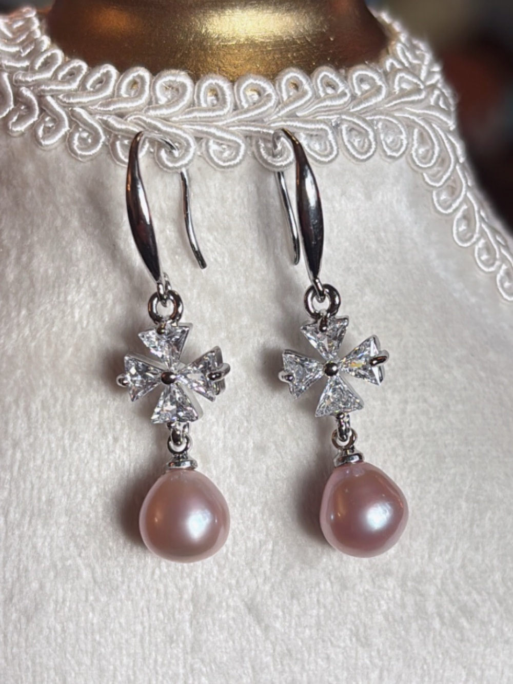 Elegant Pink Pearl Drop Earrings with Crystal Clover Cross Accents